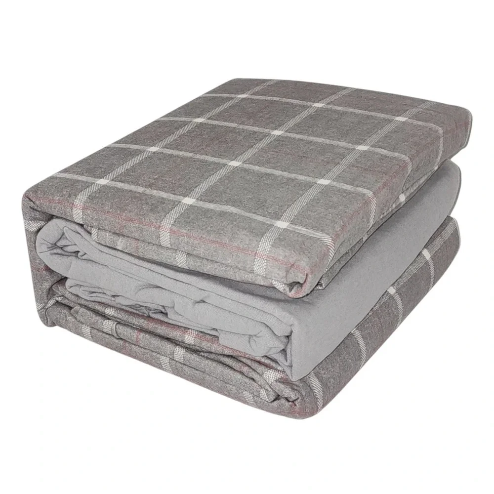 BIBB Home Twin Size Gray Checkered Cotton Flannel Sheet Set 3pc‎